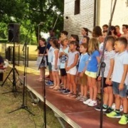 Journée de restitution en chansons accompagnés par des musiciens professionnels de La7ou9 pour l'école et le collège de Prahecq.